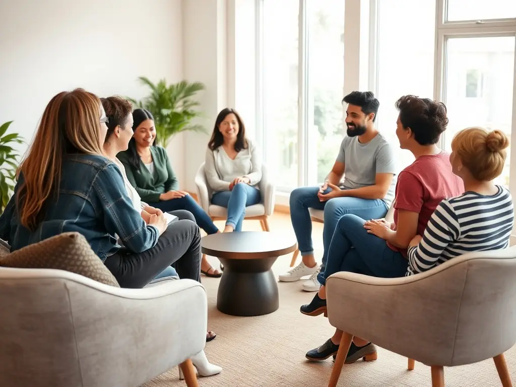 A photograph depicting a group of residents participating in a therapeutic session in a sunlit room at Second Chapter Homes. The atmosphere is calm and supportive, with a counselor leading the discussion.