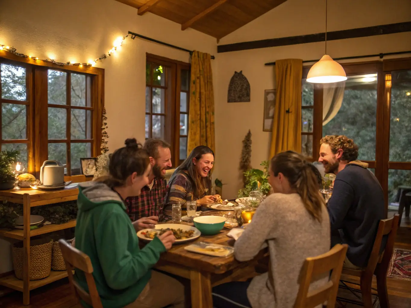A photograph showcasing residents enjoying a meal together in the communal dining area at Second Chapter Homes. The setting is warm and inviting, fostering a sense of camaraderie and shared experience.