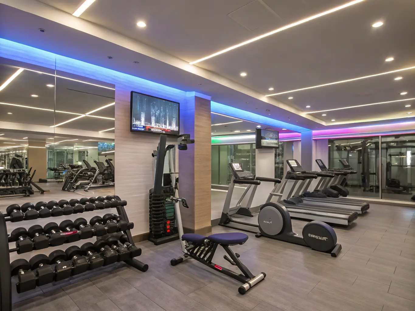 A photograph of the modern and well-equipped fitness center at Second Chapter Homes, with residents actively engaged in various exercises. The environment is motivating and conducive to physical well-being.